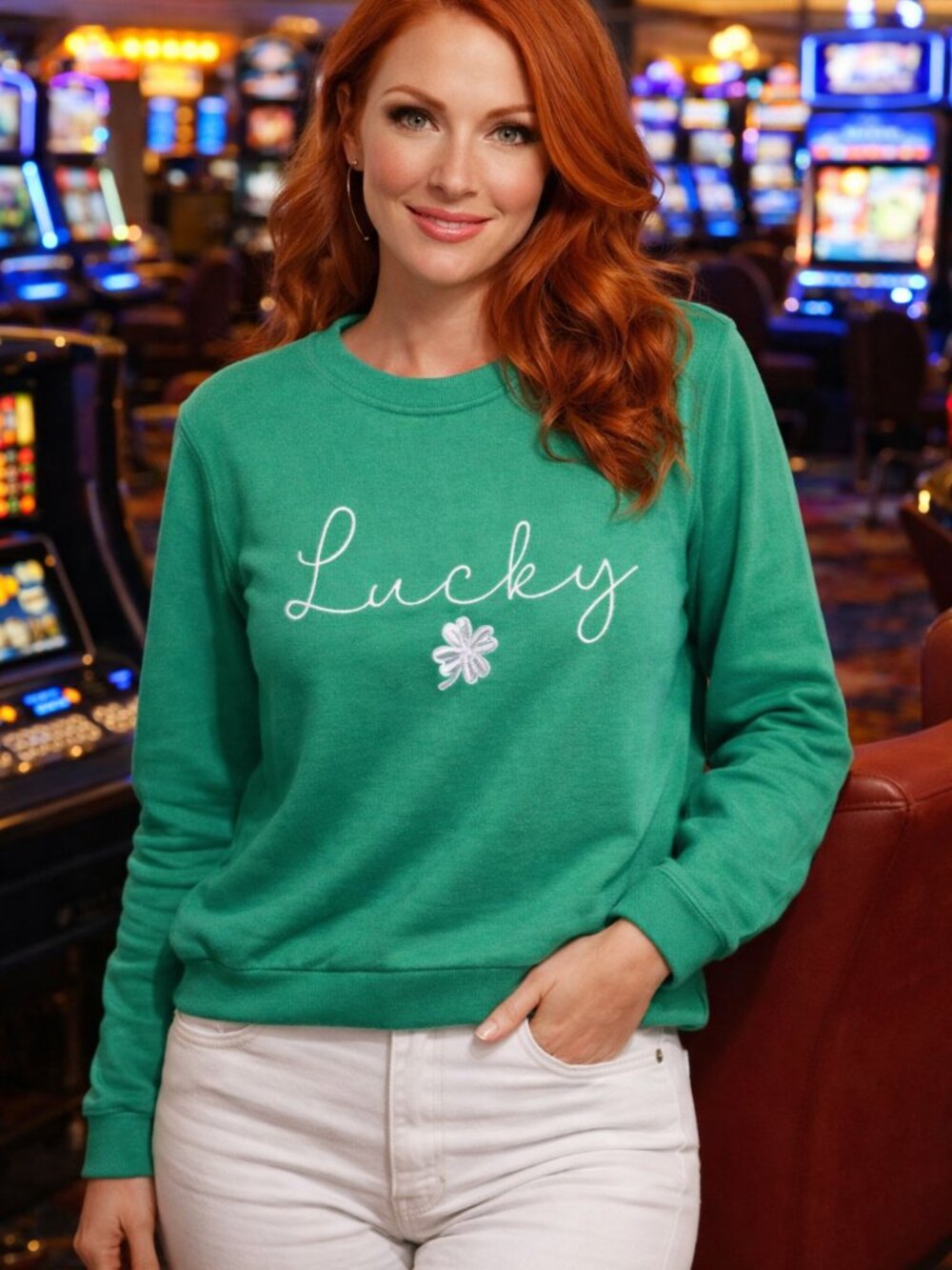 Green "Lucky" Embroidered Sweatshirt - Medium